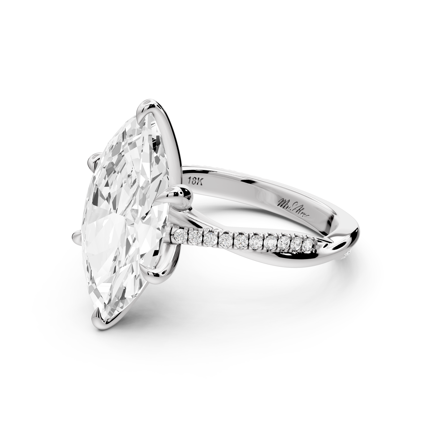 Ella - 4ct platinum Marquise Classic Solitaire Engagement Ring with Shared-Prong Pavé Band