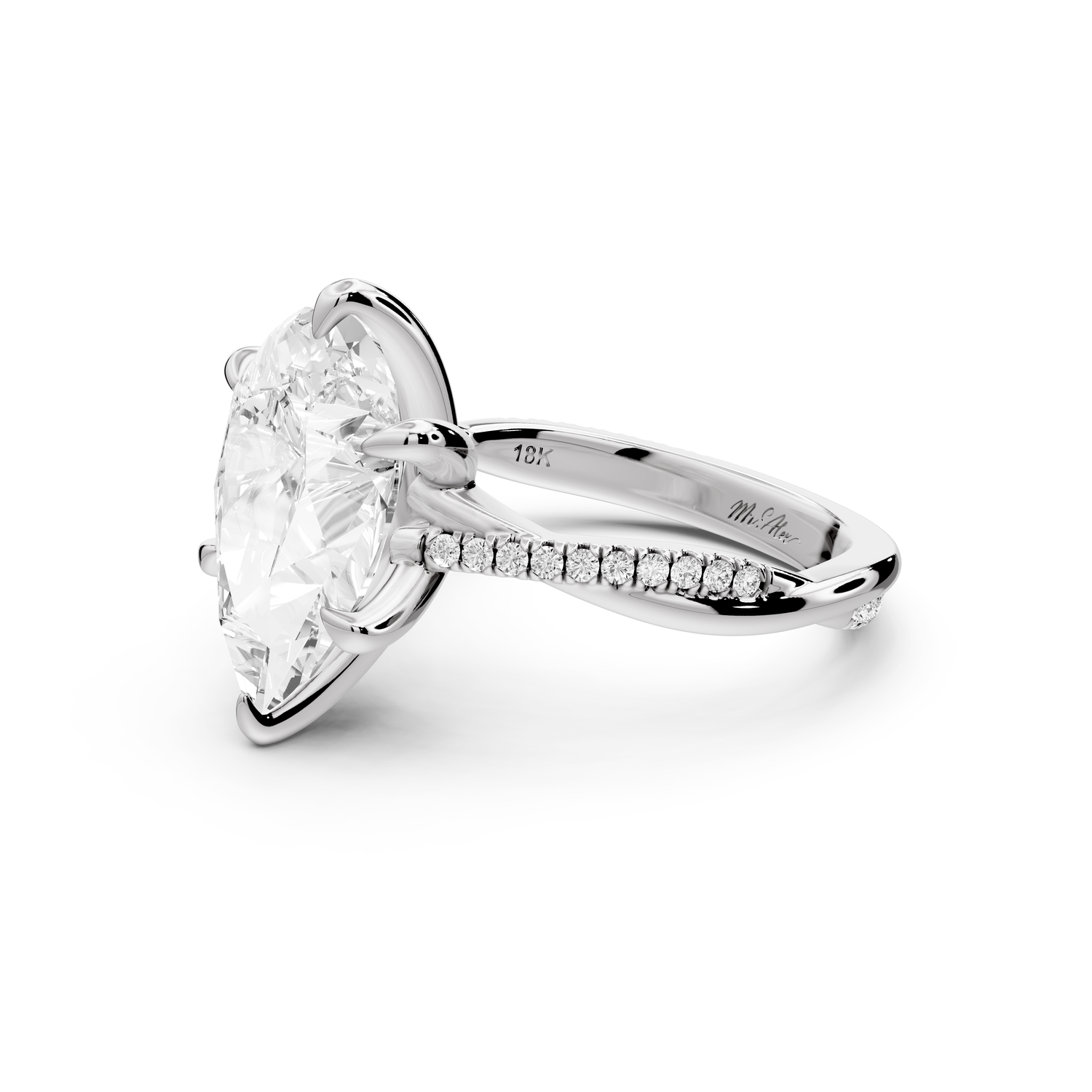 Ella - 4ct platinum Pear Classic Solitaire Engagement Ring with Shared-Prong Pavé Band