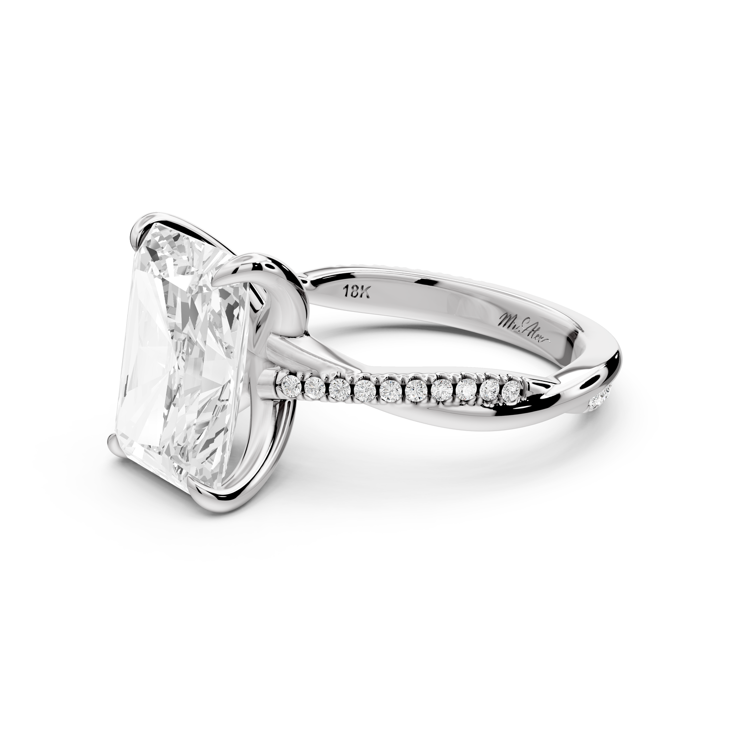 Ella - 4ct platinum Radiant Classic Solitaire Engagement Ring with Shared-Prong Pavé Band