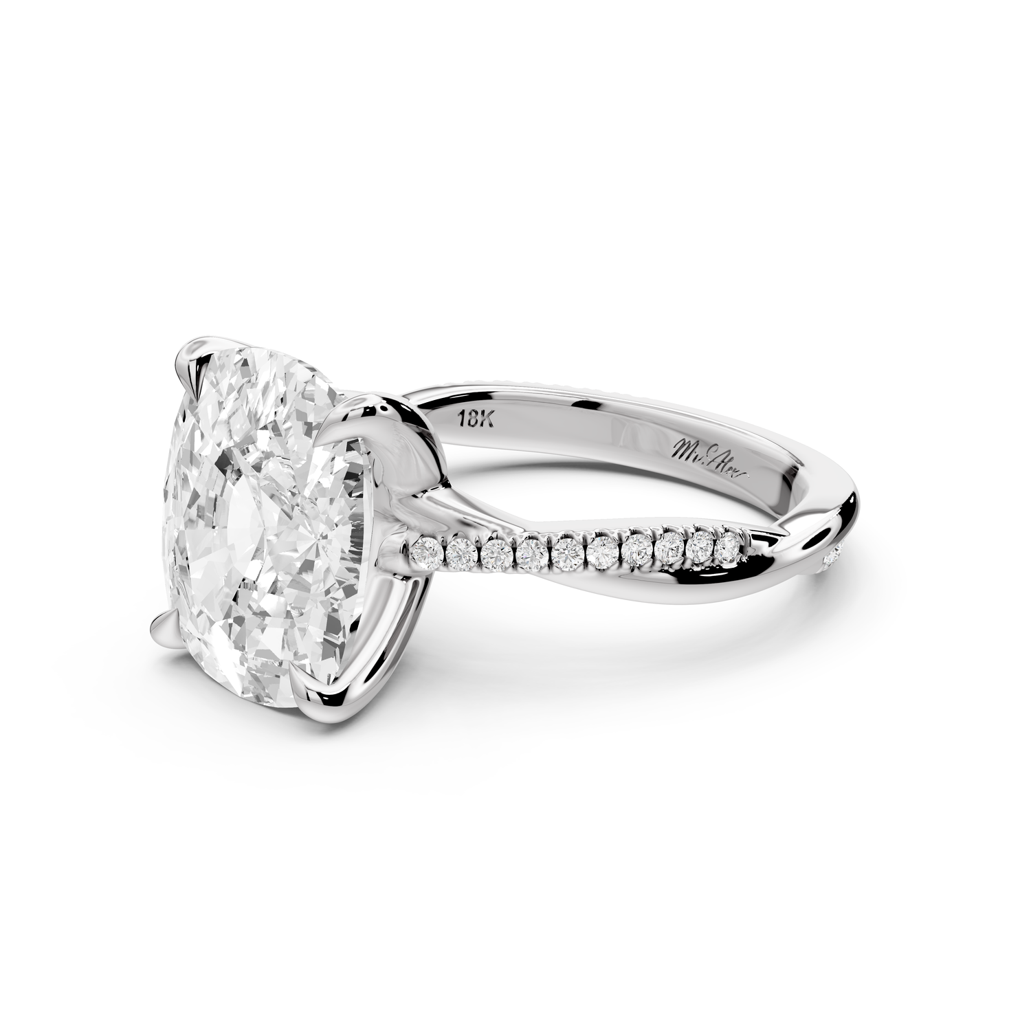 Ella - 5ct platinum Ecushion Classic Solitaire Engagement Ring with Shared-Prong Pavé Band