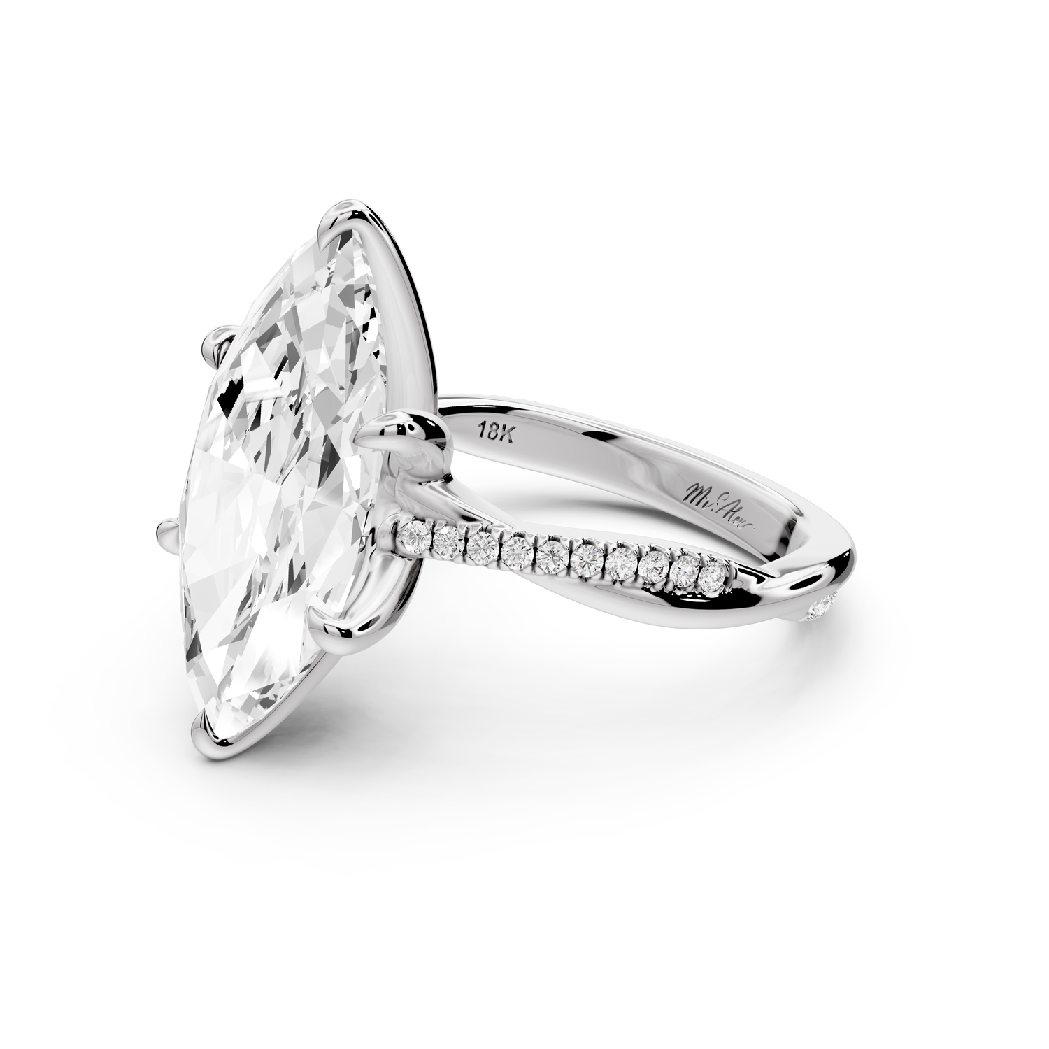 Ella - 5ct platinum Marquise Classic Solitaire Engagement Ring with Shared-Prong Pavé Band