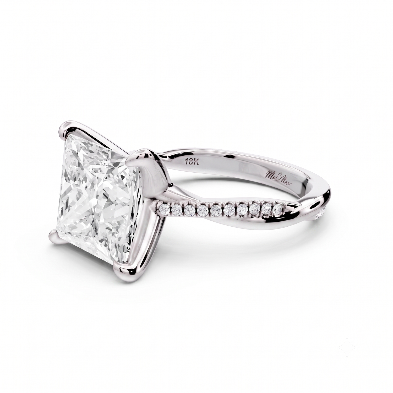 Ella - 5ct platinum Princess Classic Solitaire Engagement Ring with Shared-Prong Pavé Band