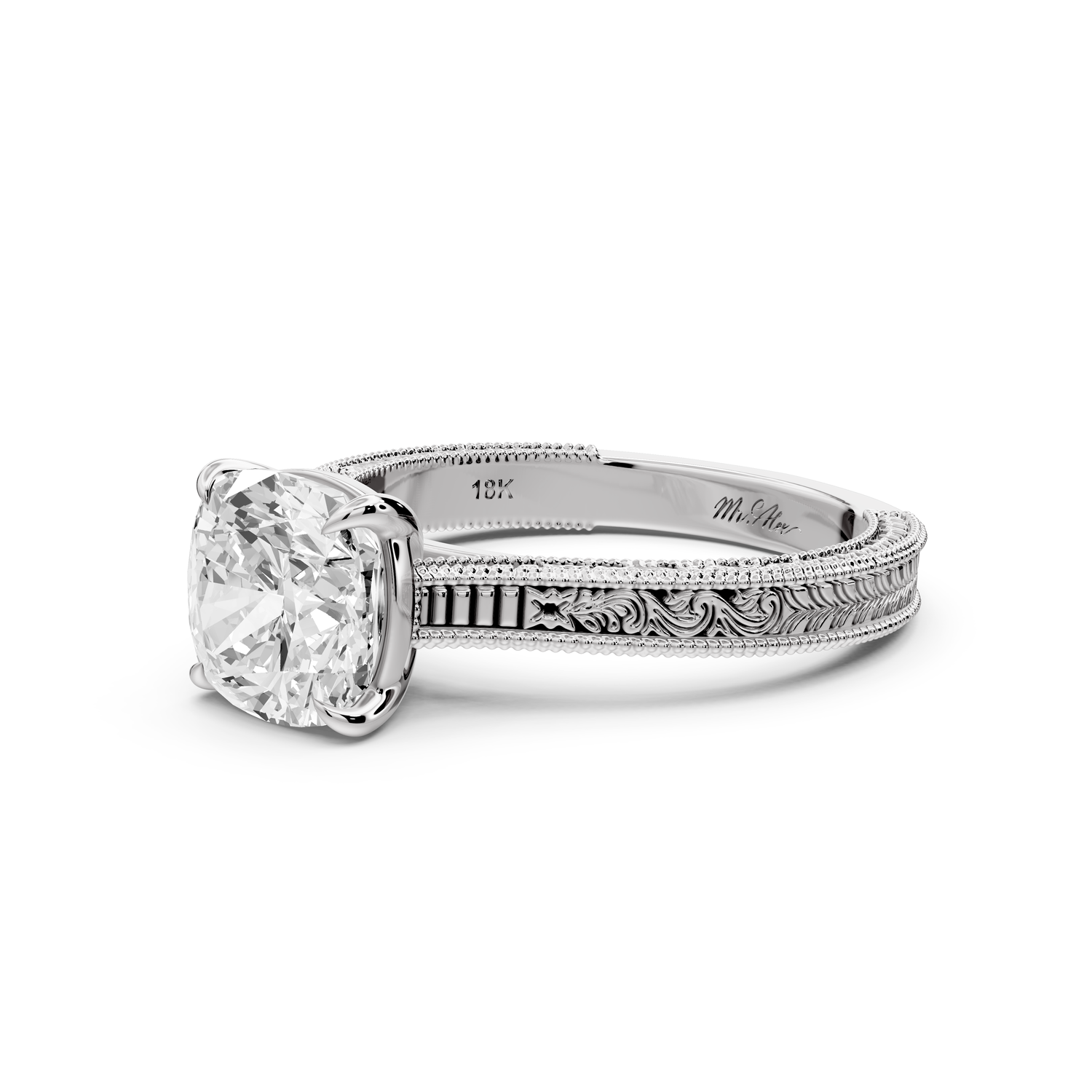 Daniel - 2ct platinum Cushion Vintage-Inspired Solitaire Engagement Ring with Hand-Engraved Milgrain Band