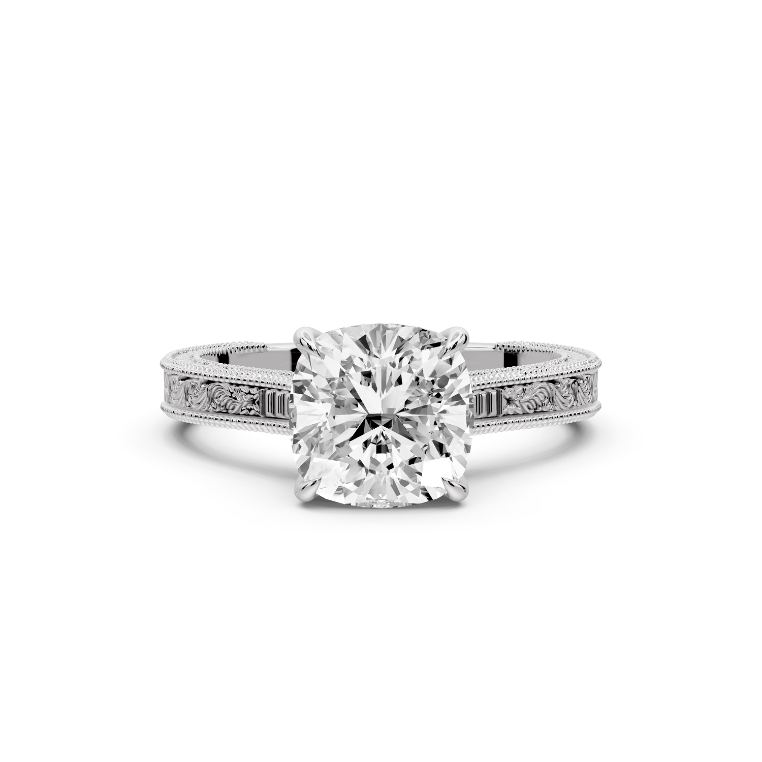 Daniel - 2ct platinum Cushion Vintage-Inspired Solitaire Engagement Ring with Hand-Engraved Milgrain Band