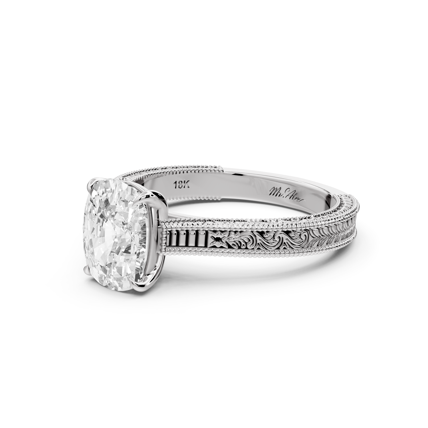 Daniel - 2ct platinum Ecushion Vintage-Inspired Solitaire Engagement Ring with Hand-Engraved Milgrain Band