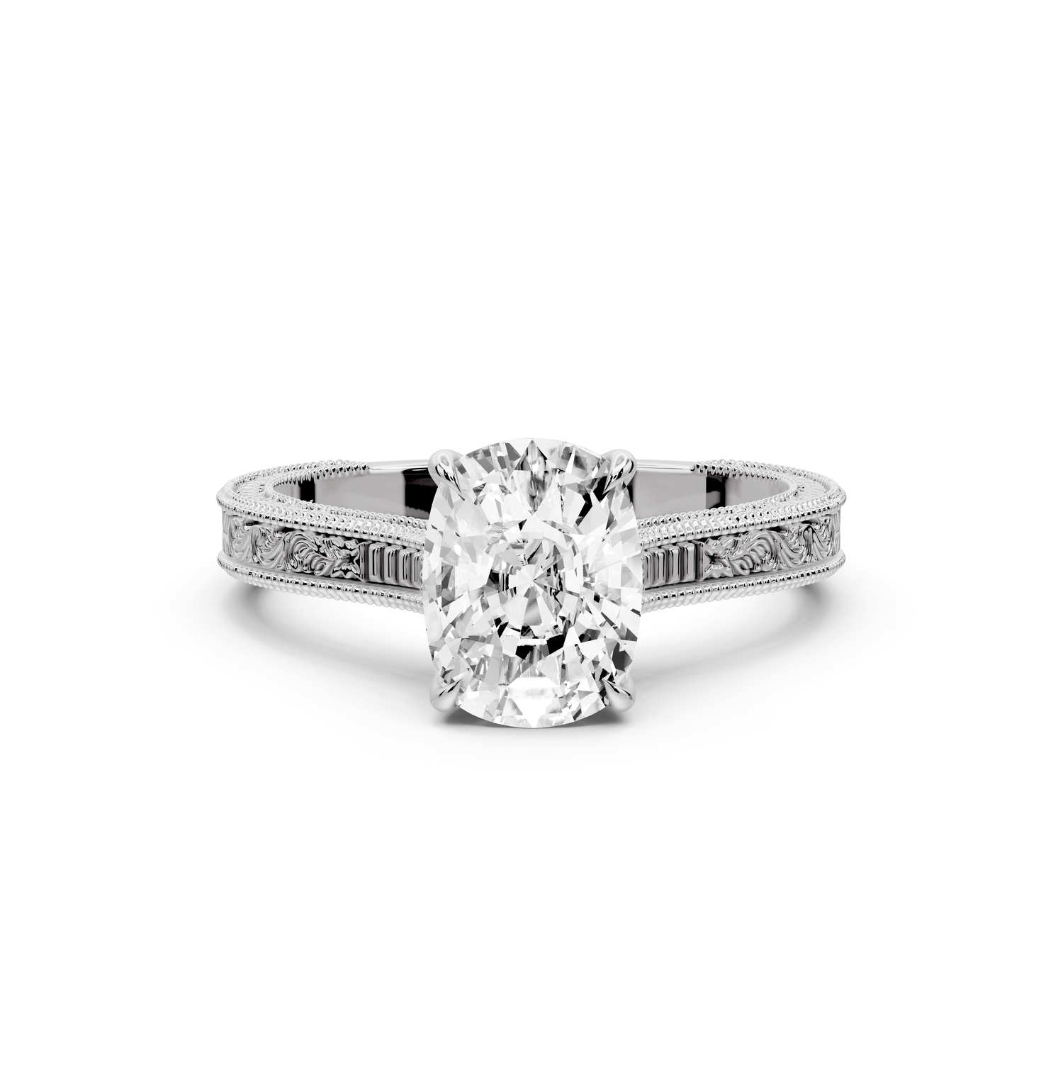 Daniel - 2ct platinum Ecushion Vintage-Inspired Solitaire Engagement Ring with Hand-Engraved Milgrain Band