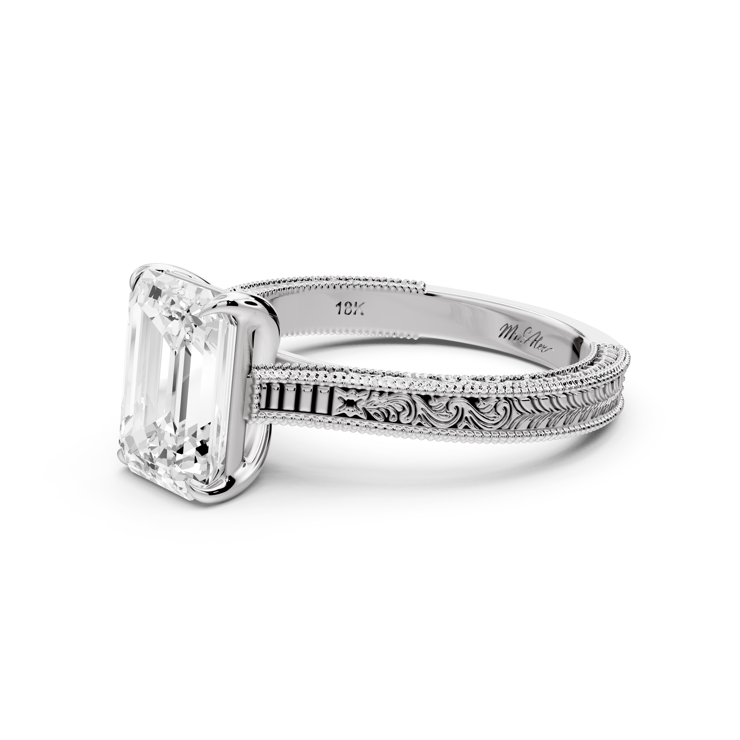 Daniel - 2ct platinum Emerald Vintage-Inspired Solitaire Engagement Ring with Hand-Engraved Milgrain Band