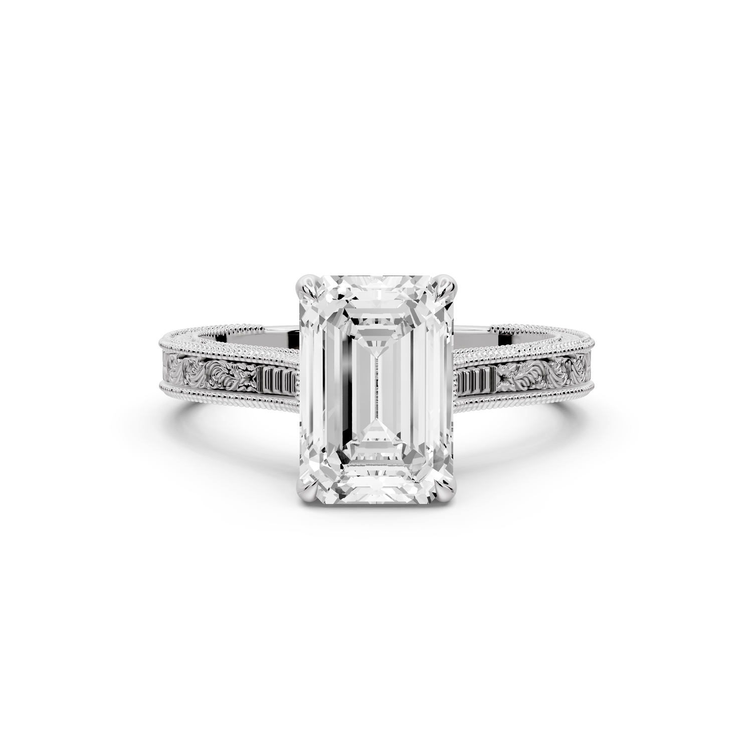 Daniel - 2ct platinum Emerald Vintage-Inspired Solitaire Engagement Ring with Hand-Engraved Milgrain Band