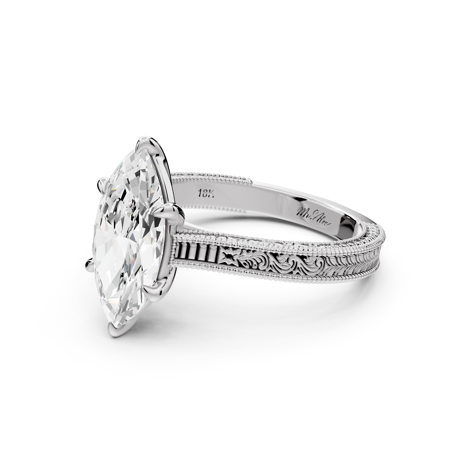Daniel - 2ct platinum Marquise Vintage-Inspired Solitaire Engagement Ring with Hand-Engraved Milgrain Band