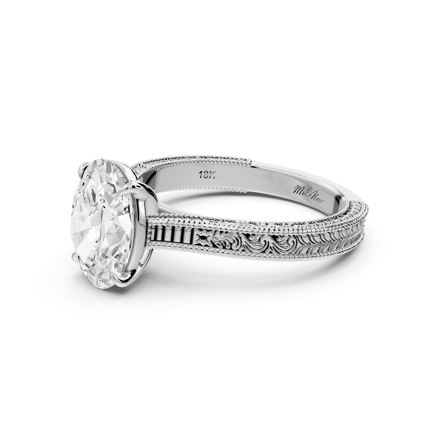 Daniel - 2ct platinum Oval Vintage-Inspired Solitaire Engagement Ring with Hand-Engraved Milgrain Band