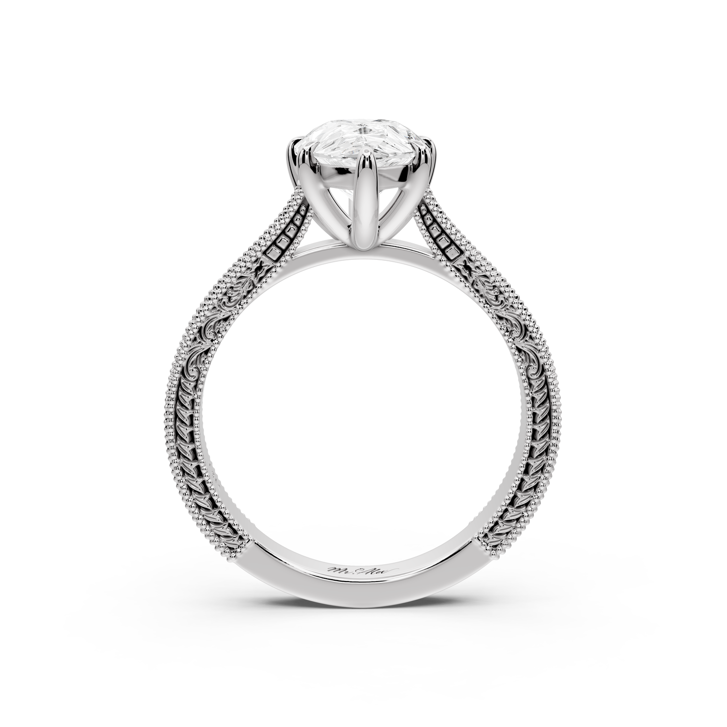 Daniel - 2ct platinum Pear Vintage-Inspired Solitaire Engagement Ring with Hand-Engraved Milgrain Band