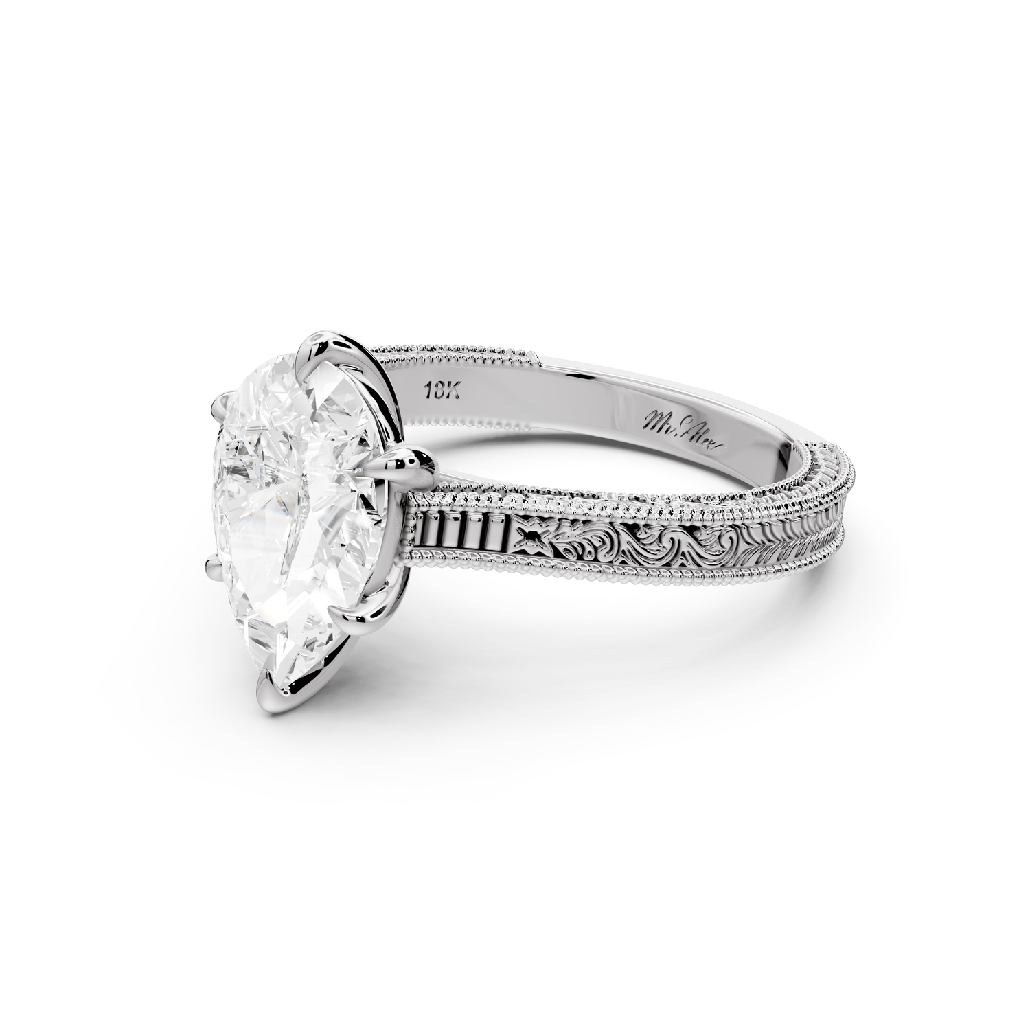 Daniel - 2ct platinum Pear Vintage-Inspired Solitaire Engagement Ring with Hand-Engraved Milgrain Band