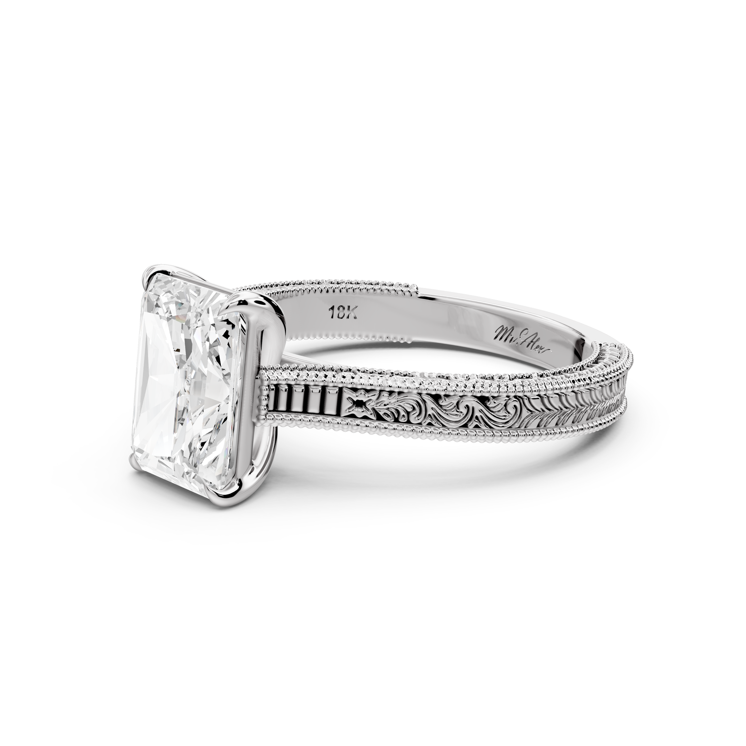 Daniel - 2ct platinum Radiant Vintage-Inspired Solitaire Engagement Ring with Hand-Engraved Milgrain Band