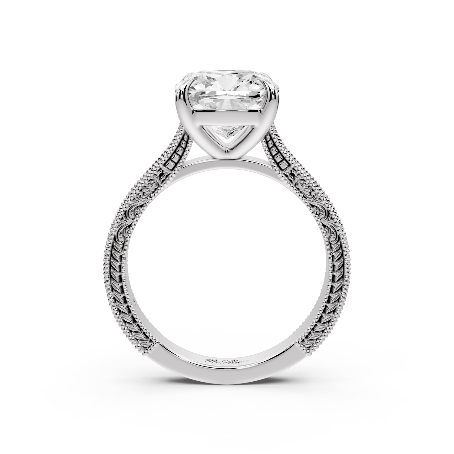 Daniel - 3ct platinum Cushion Vintage-Inspired Solitaire Engagement Ring with Hand-Engraved Milgrain Band