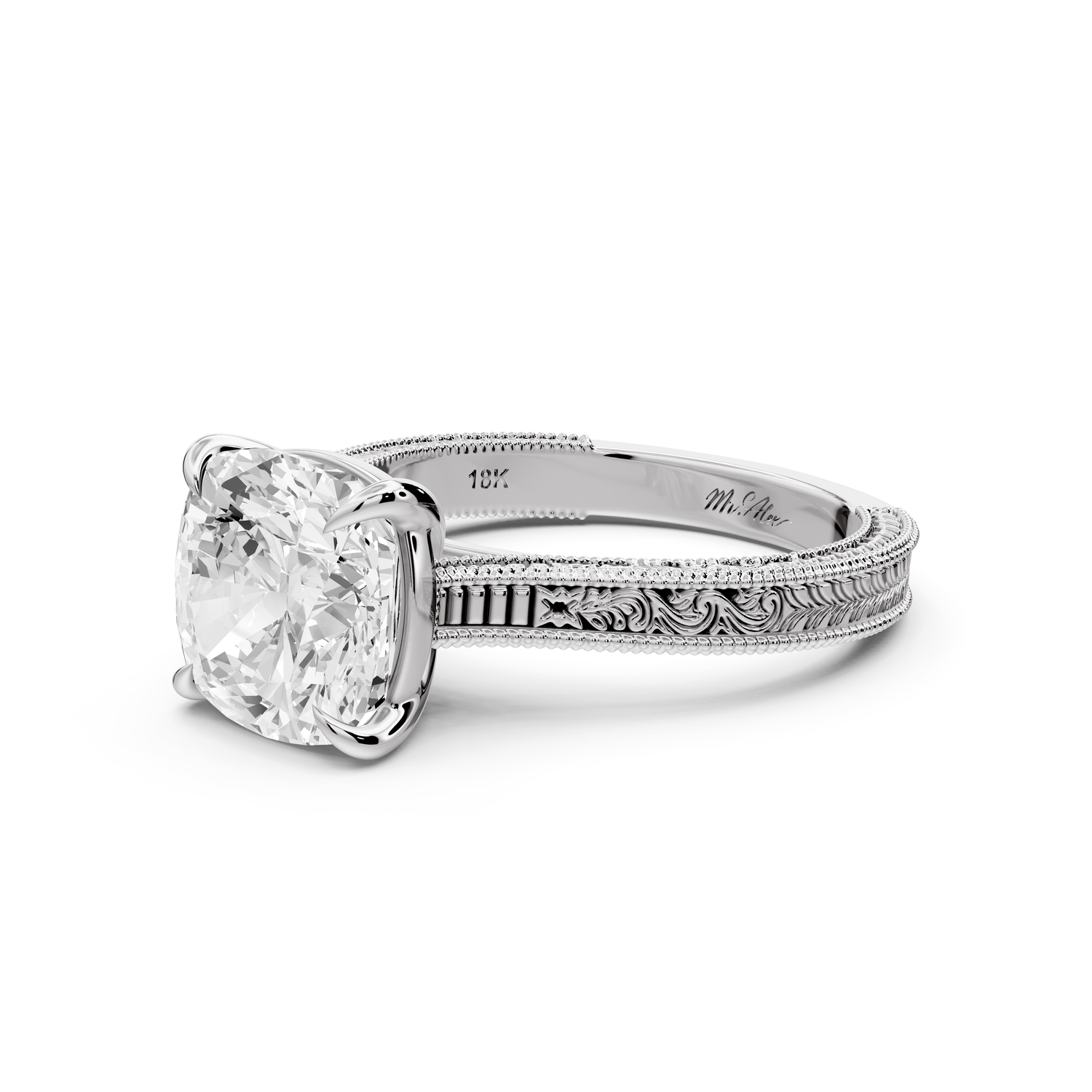 Daniel - 3ct platinum Cushion Vintage-Inspired Solitaire Engagement Ring with Hand-Engraved Milgrain Band