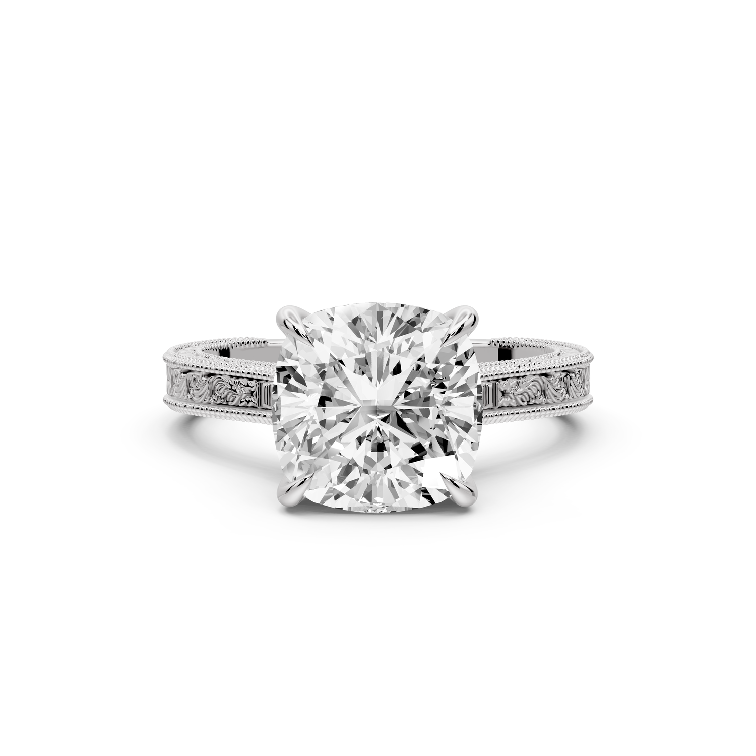 Daniel - 3ct platinum Cushion Vintage-Inspired Solitaire Engagement Ring with Hand-Engraved Milgrain Band
