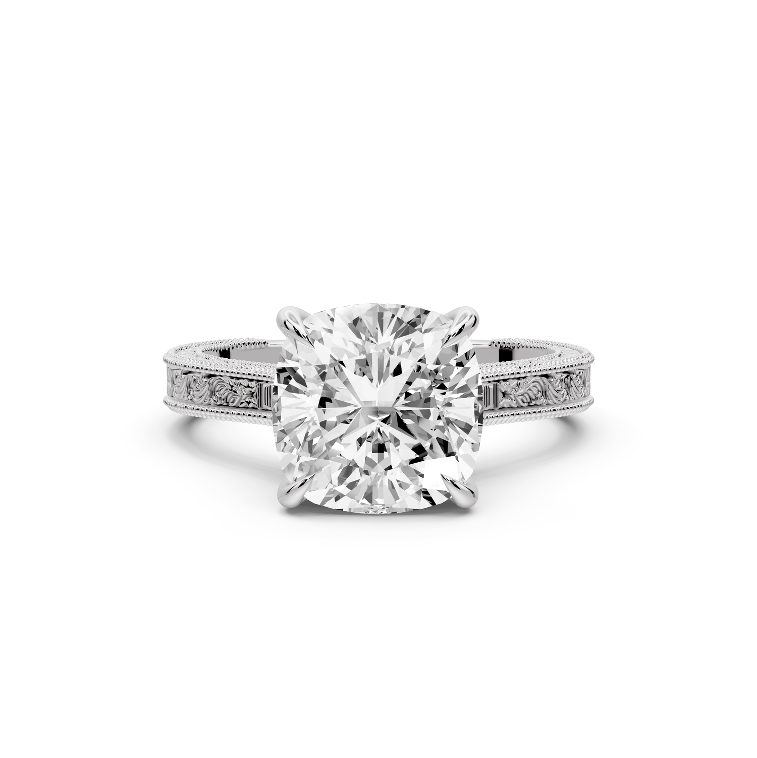 Daniel - 3ct platinum Cushion Vintage-Inspired Solitaire Engagement Ring with Hand-Engraved Milgrain Band