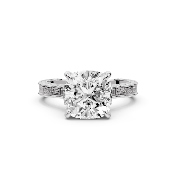 Daniel - 3ct platinum Cushion Vintage-Inspired Solitaire Engagement Ring with Hand-Engraved Milgrain Band