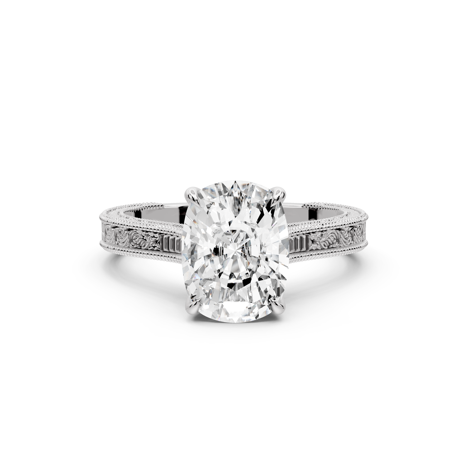 Daniel - 3ct platinum Ecushion Vintage-Inspired Solitaire Engagement Ring with Hand-Engraved Milgrain Band