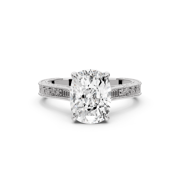 Daniel - 3ct platinum Ecushion Vintage-Inspired Solitaire Engagement Ring with Hand-Engraved Milgrain Band