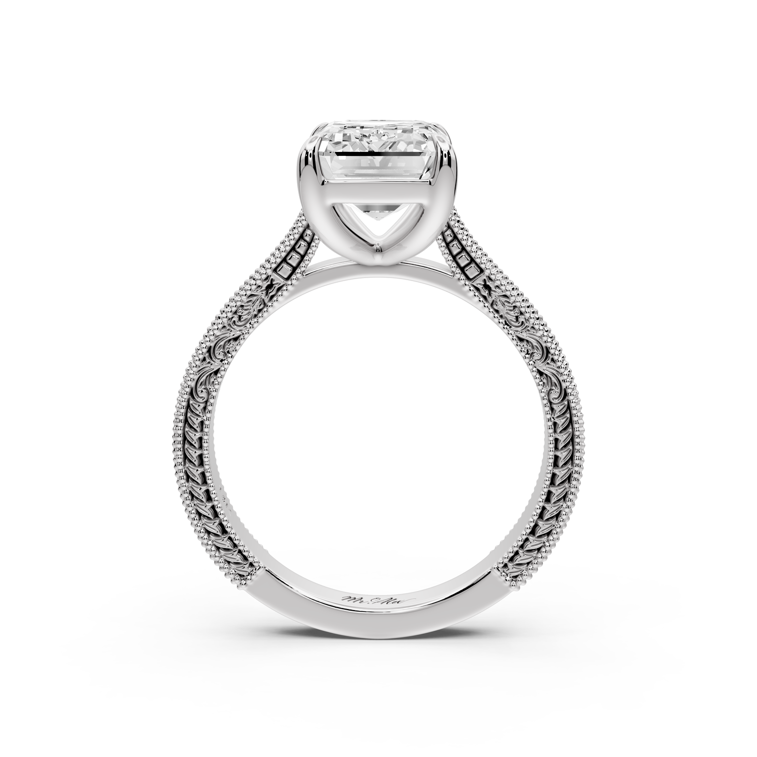 Daniel - 3ct platinum Emerald Vintage-Inspired Solitaire Engagement Ring with Hand-Engraved Milgrain Band