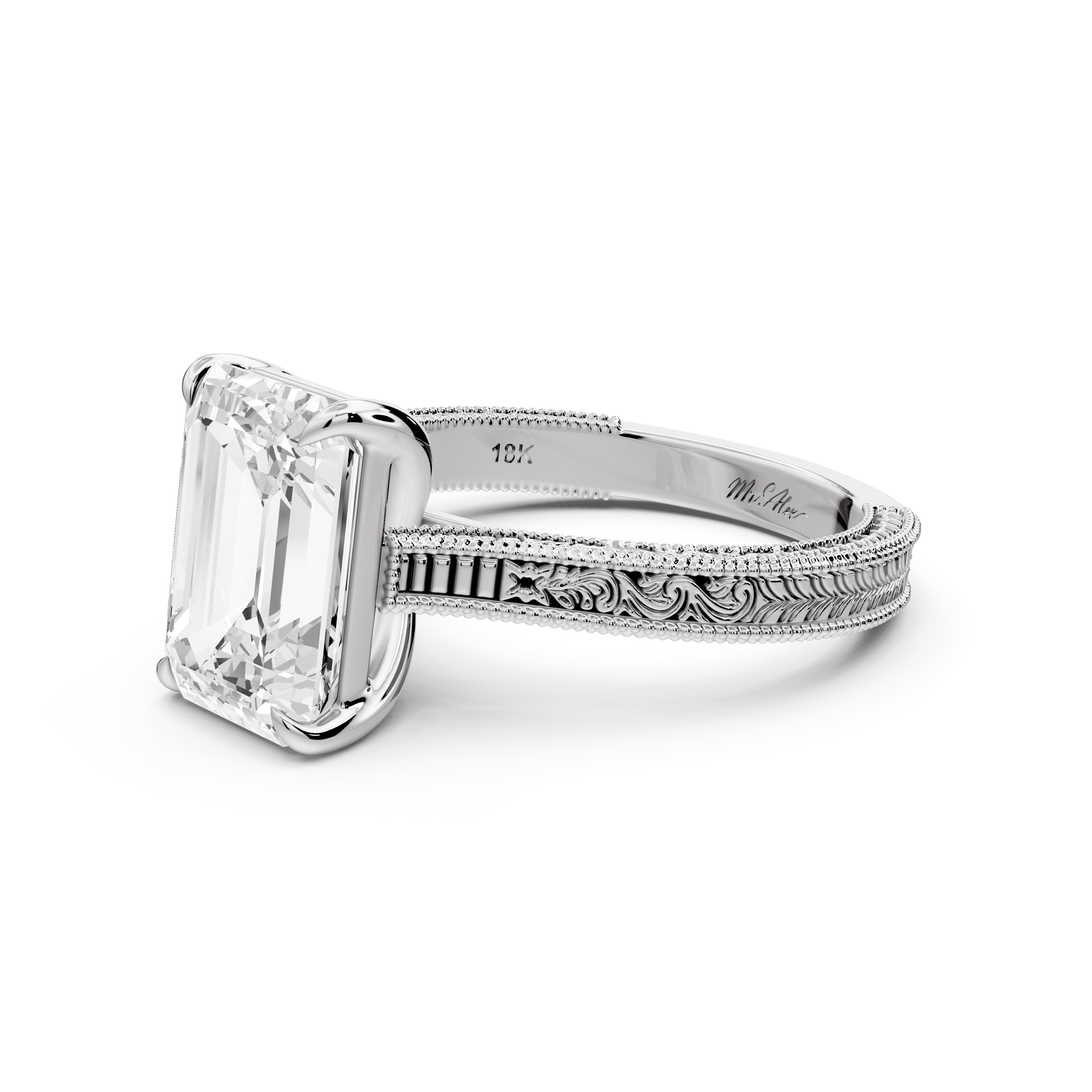 Daniel - 3ct platinum Emerald Vintage-Inspired Solitaire Engagement Ring with Hand-Engraved Milgrain Band