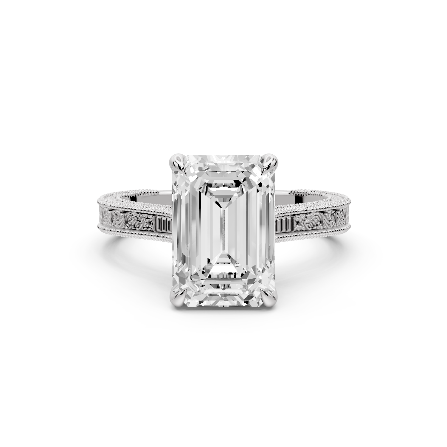 Daniel - 3ct platinum Emerald Vintage-Inspired Solitaire Engagement Ring with Hand-Engraved Milgrain Band