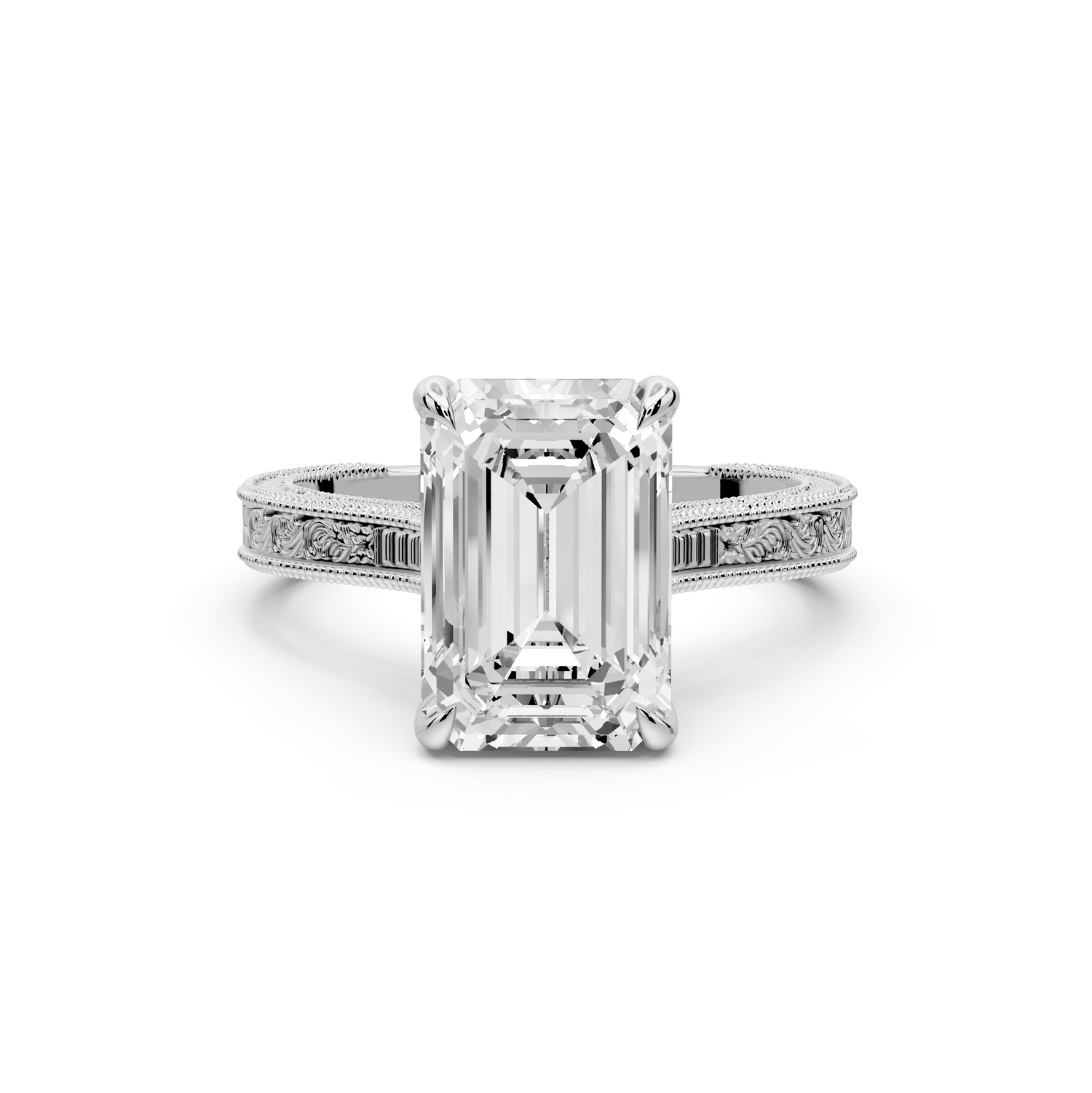Daniel - 3ct platinum Emerald Vintage-Inspired Solitaire Engagement Ring with Hand-Engraved Milgrain Band