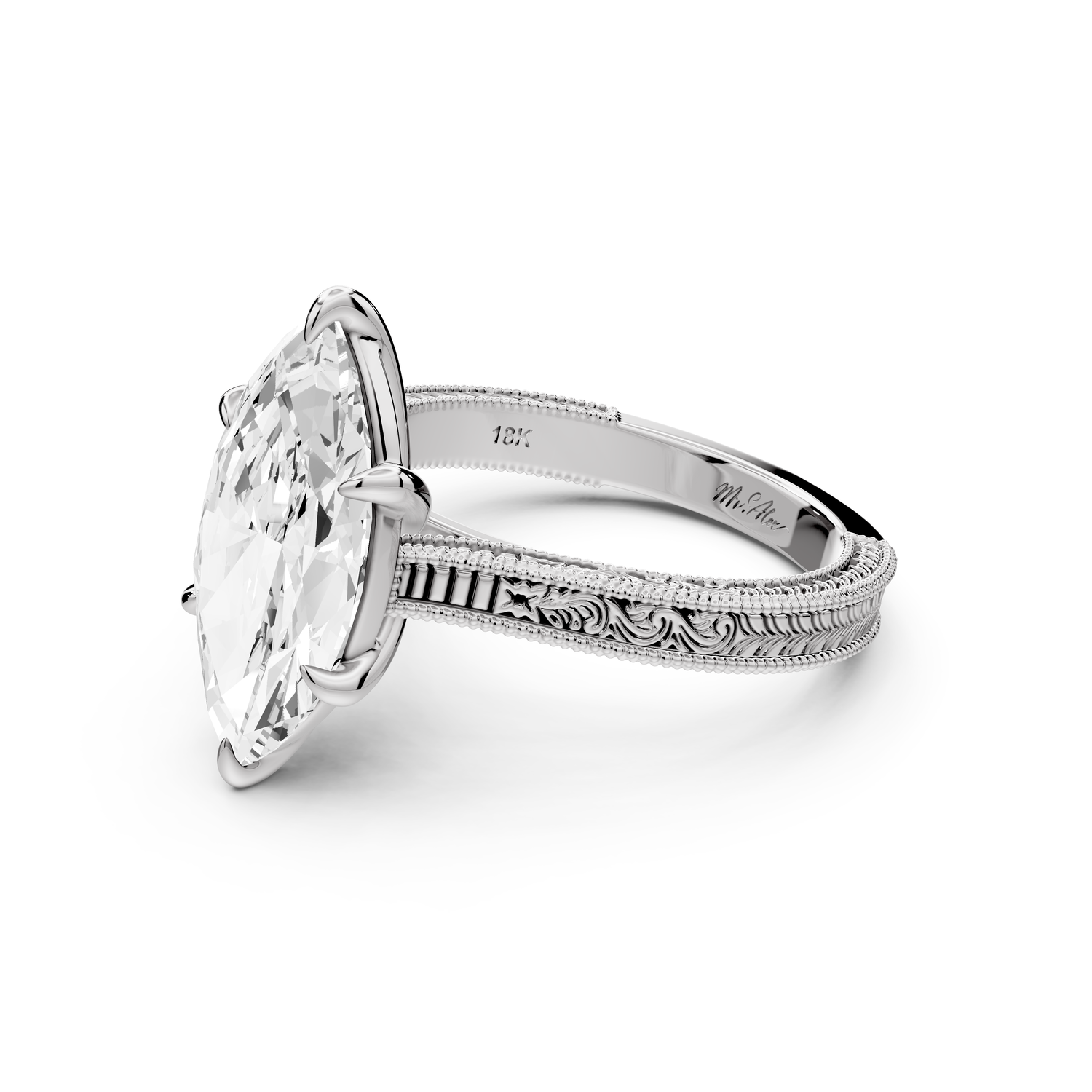 Daniel - 3ct platinum Marquise Vintage-Inspired Solitaire Engagement Ring with Hand-Engraved Milgrain Band