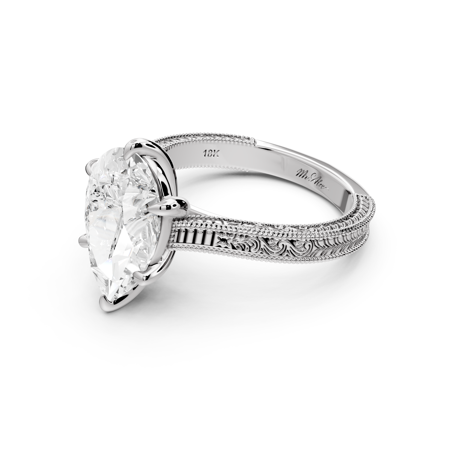 Daniel - 3ct platinum Pear Vintage-Inspired Solitaire Engagement Ring with Hand-Engraved Milgrain Band