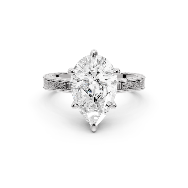 Daniel - 3ct platinum Pear Vintage-Inspired Solitaire Engagement Ring with Hand-Engraved Milgrain Band