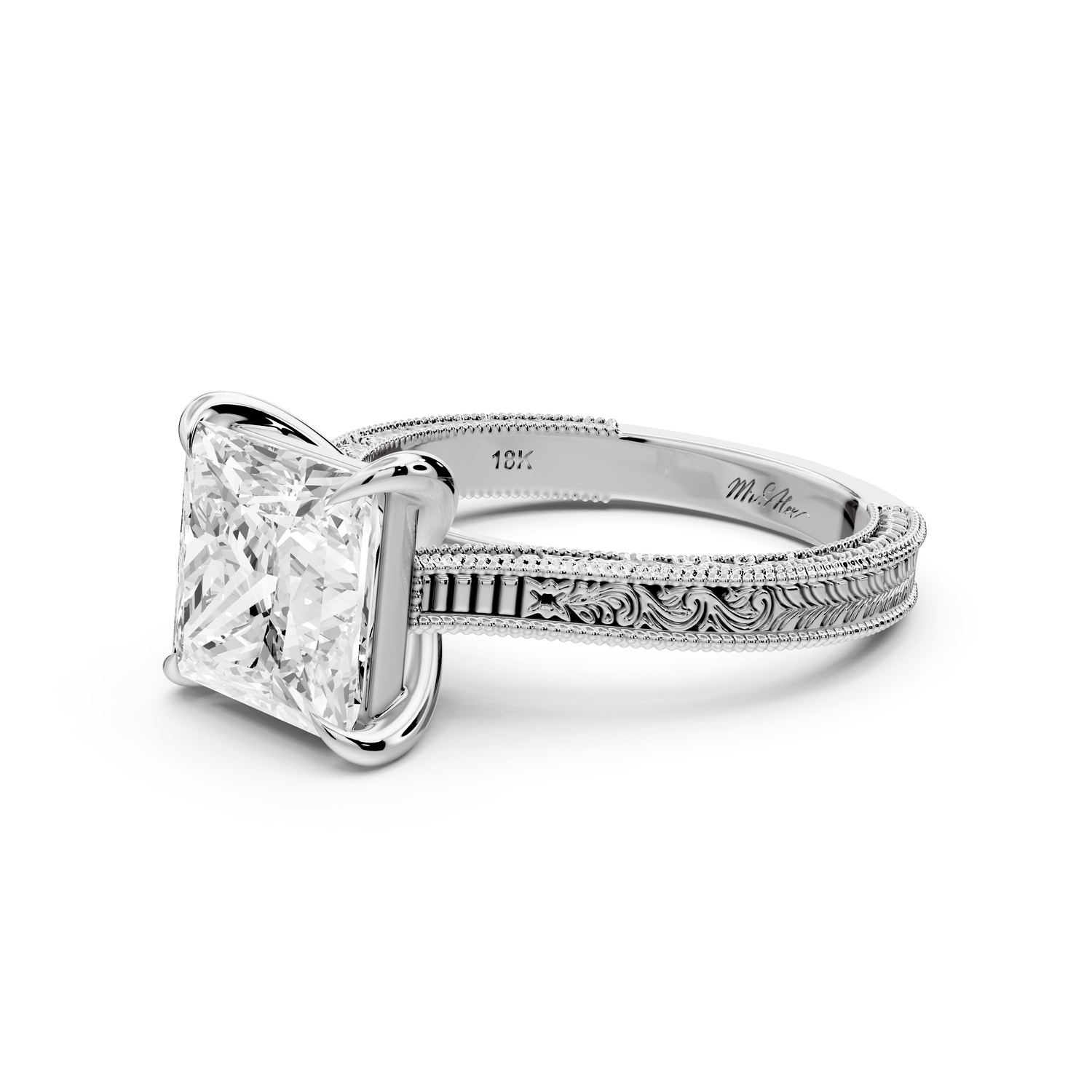 Daniel - 3ct platinum Princess Vintage-Inspired Solitaire Engagement Ring with Hand-Engraved Milgrain Band