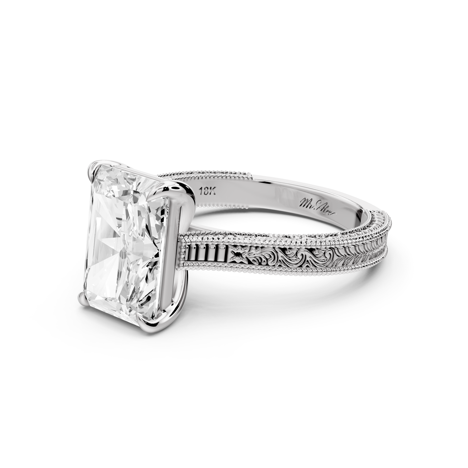 Daniel - 3ct platinum Radiant Vintage-Inspired Solitaire Engagement Ring with Hand-Engraved Milgrain Band
