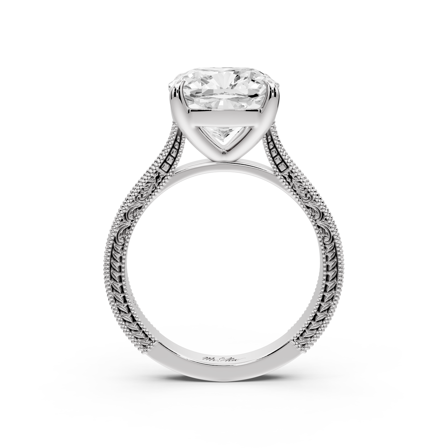 Daniel - 4ct platinum Cushion Vintage-Inspired Solitaire Engagement Ring with Hand-Engraved Milgrain Band