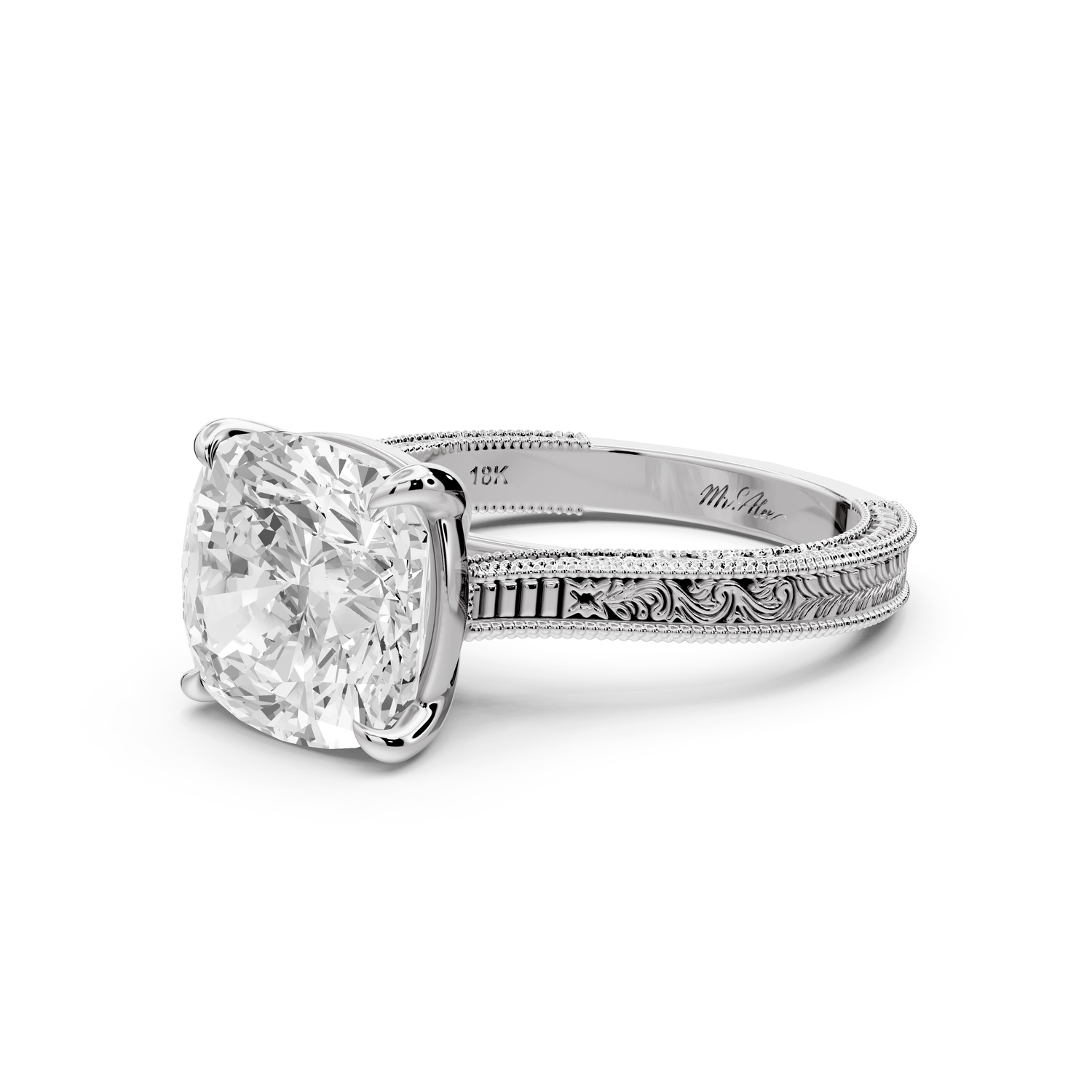 Daniel - 4ct platinum Cushion Vintage-Inspired Solitaire Engagement Ring with Hand-Engraved Milgrain Band