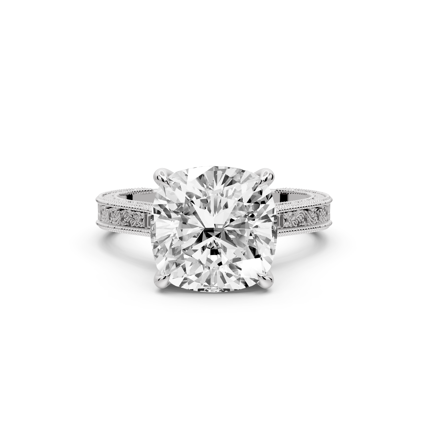 Daniel - 4ct platinum Cushion Vintage-Inspired Solitaire Engagement Ring with Hand-Engraved Milgrain Band