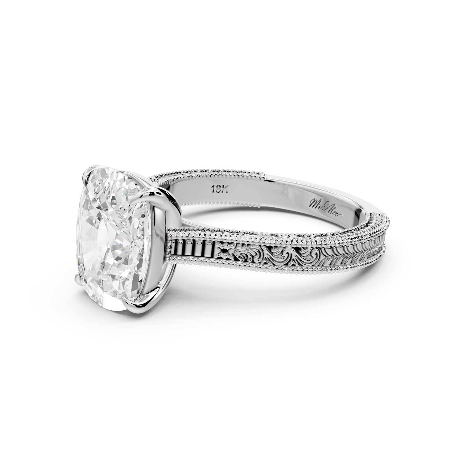 Daniel - 4ct platinum Ecushion Vintage-Inspired Solitaire Engagement Ring with Hand-Engraved Milgrain Band