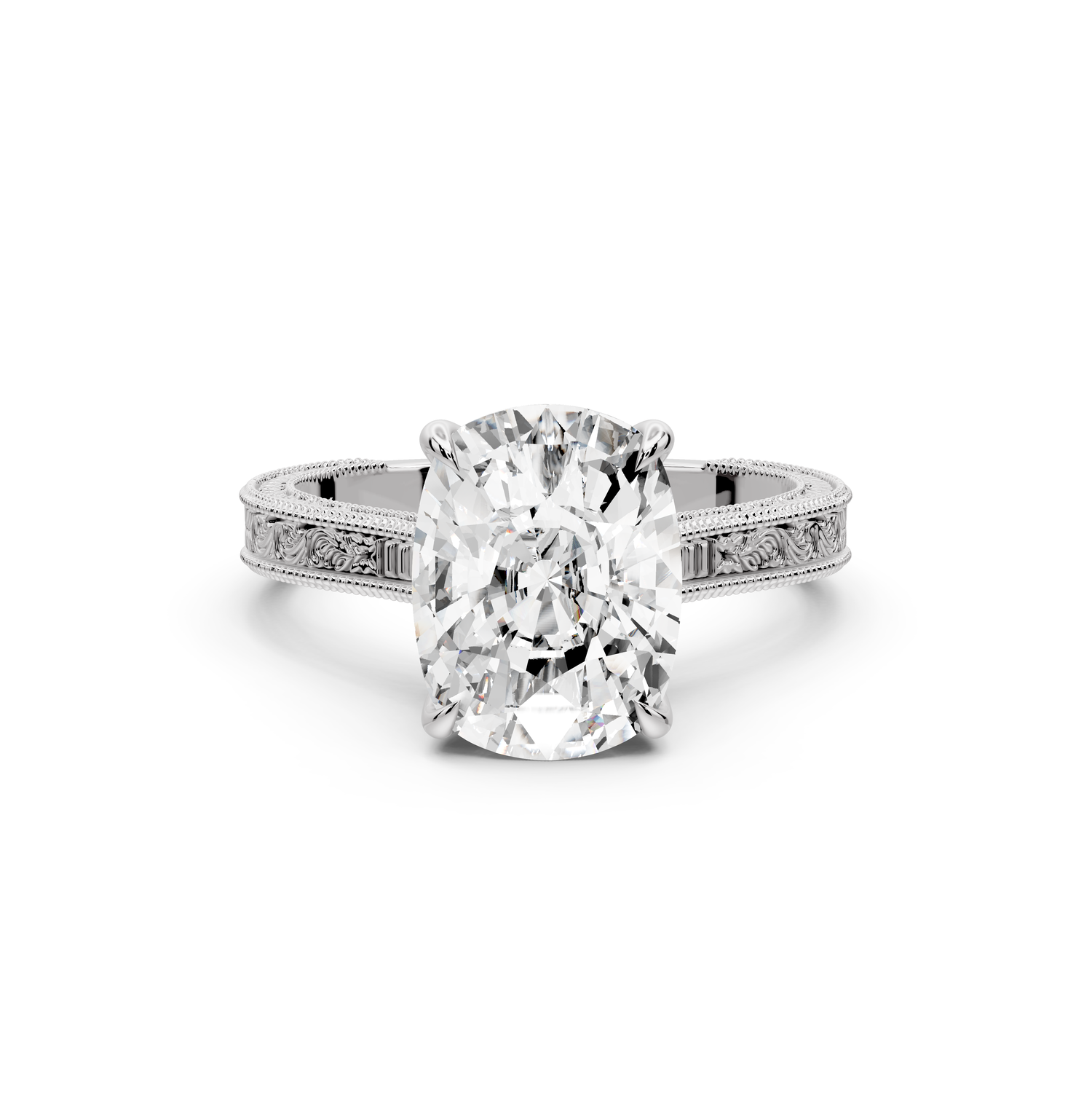 Daniel - 4ct platinum Ecushion Vintage-Inspired Solitaire Engagement Ring with Hand-Engraved Milgrain Band