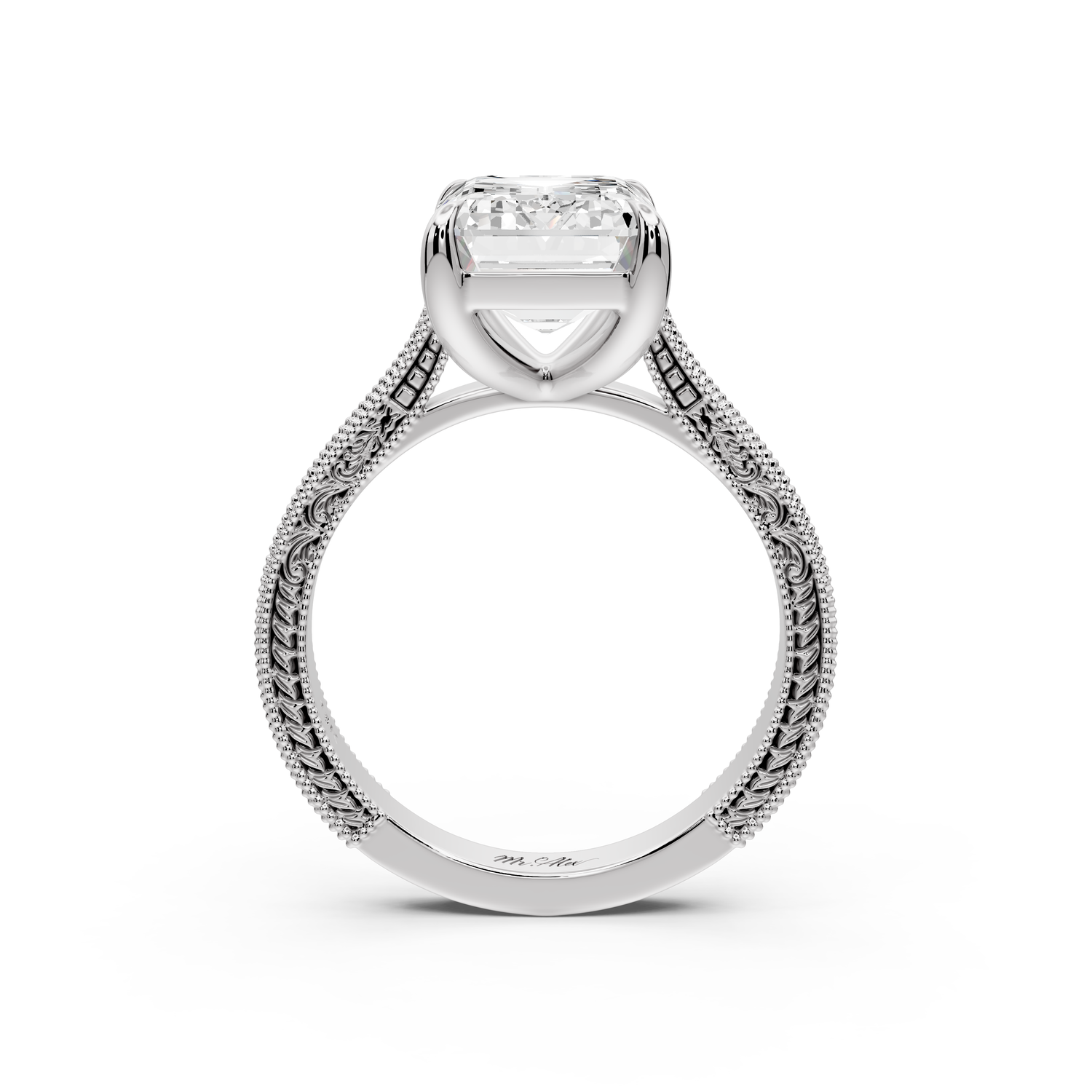 Daniel - 4ct platinum Emerald Vintage-Inspired Solitaire Engagement Ring with Hand-Engraved Milgrain Band