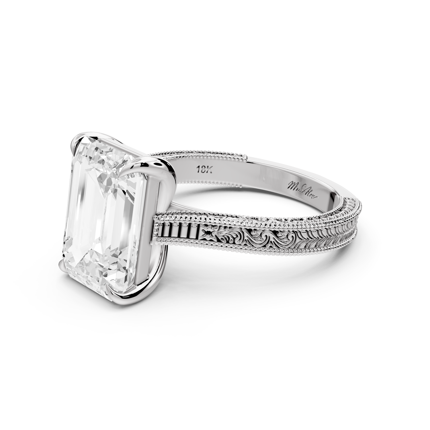 Daniel - 4ct platinum Emerald Vintage-Inspired Solitaire Engagement Ring with Hand-Engraved Milgrain Band