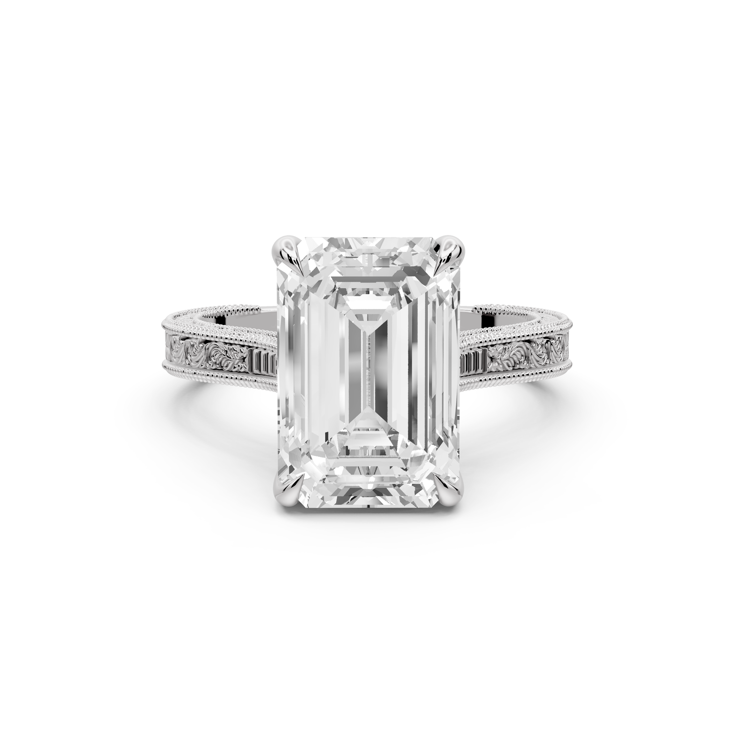 Daniel - 4ct platinum Emerald Vintage-Inspired Solitaire Engagement Ring with Hand-Engraved Milgrain Band