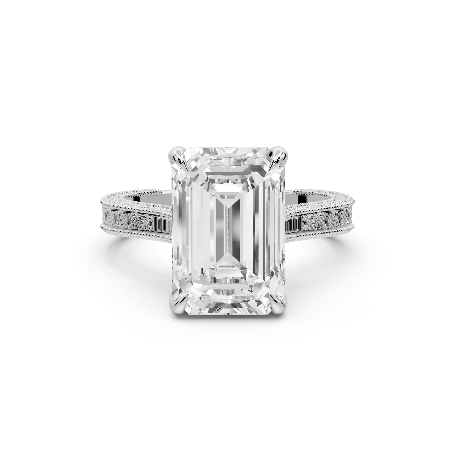 Daniel - 4ct platinum Emerald Vintage-Inspired Solitaire Engagement Ring with Hand-Engraved Milgrain Band