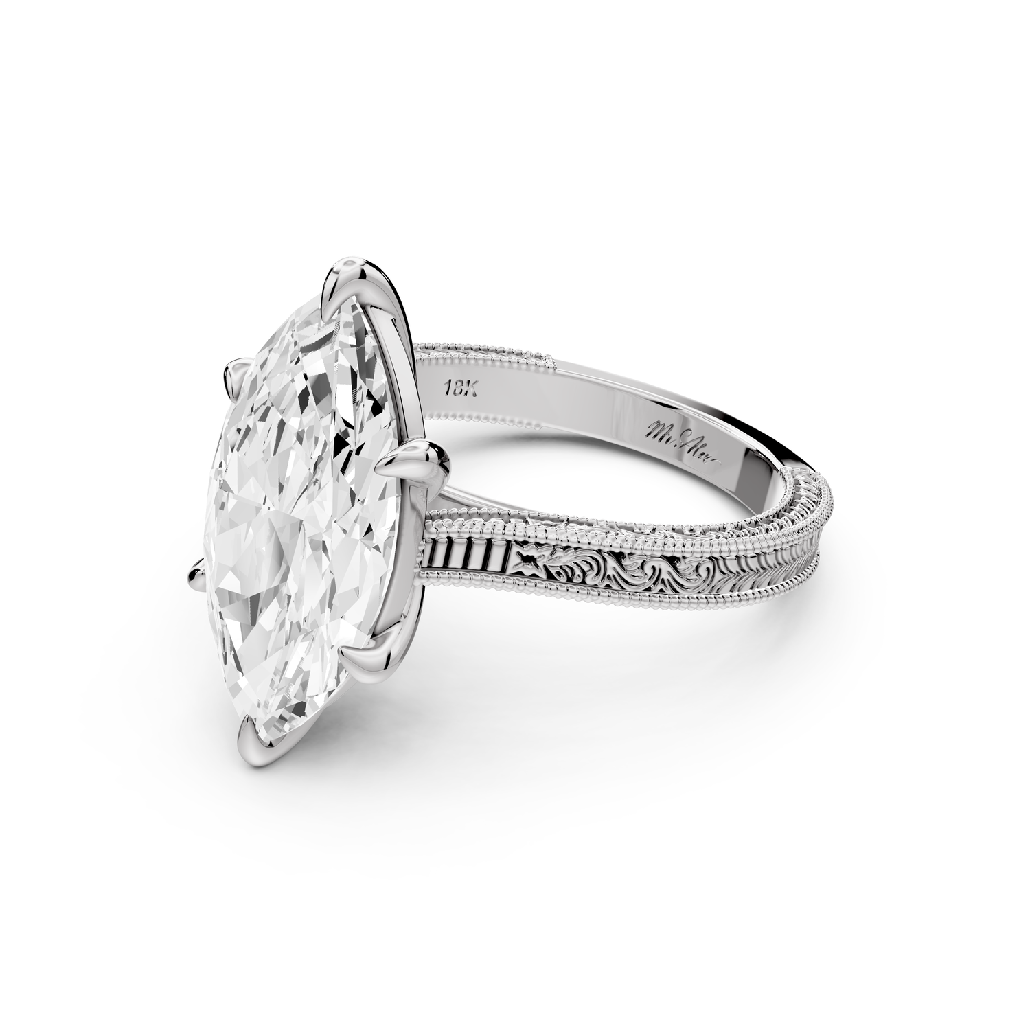Daniel - 4ct platinum Marquise Vintage-Inspired Solitaire Engagement Ring with Hand-Engraved Milgrain Band