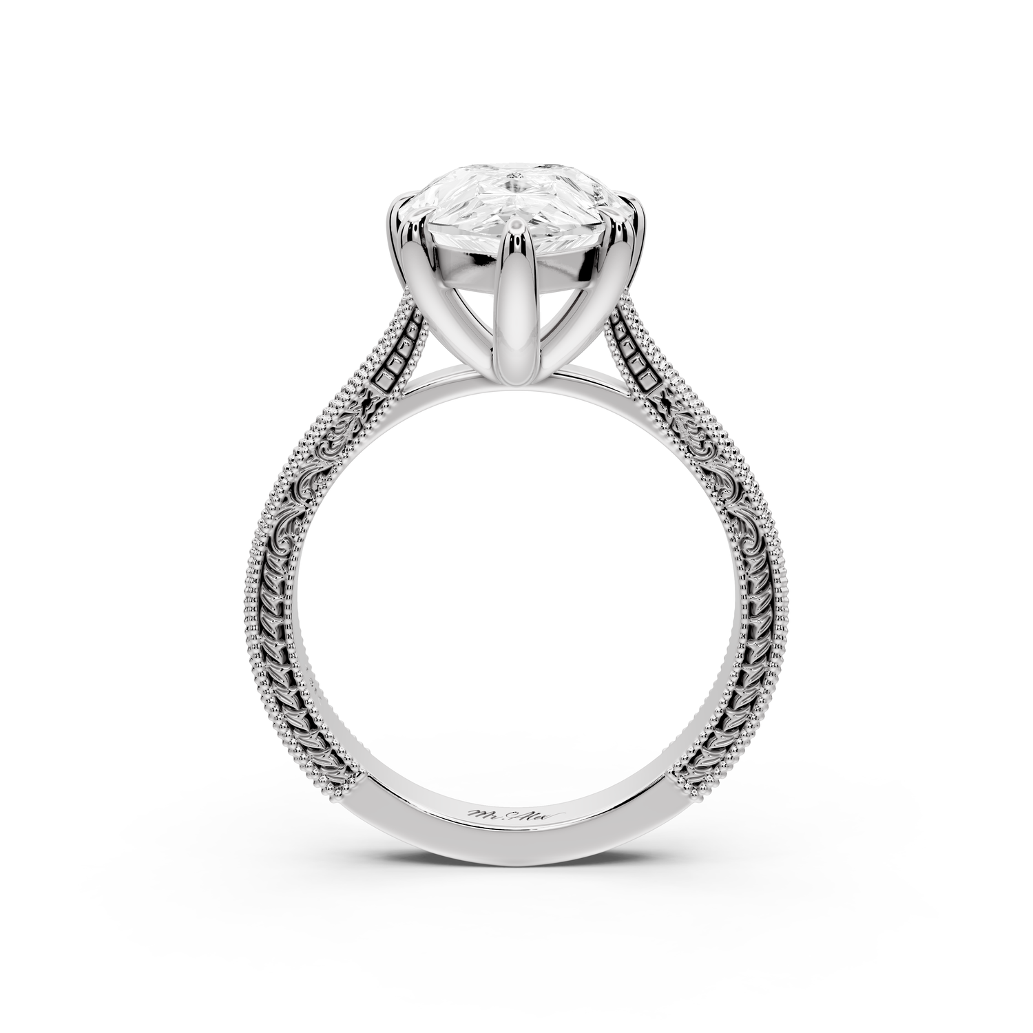 Daniel - 4ct platinum Pear Vintage-Inspired Solitaire Engagement Ring with Hand-Engraved Milgrain Band