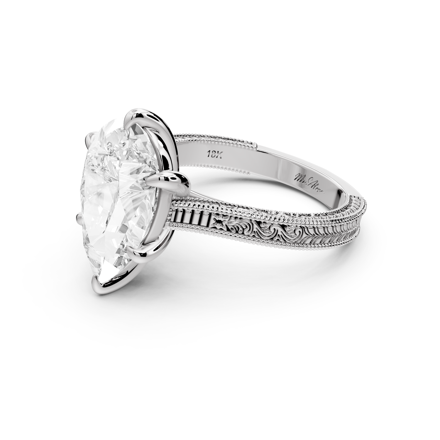 Daniel - 4ct platinum Pear Vintage-Inspired Solitaire Engagement Ring with Hand-Engraved Milgrain Band