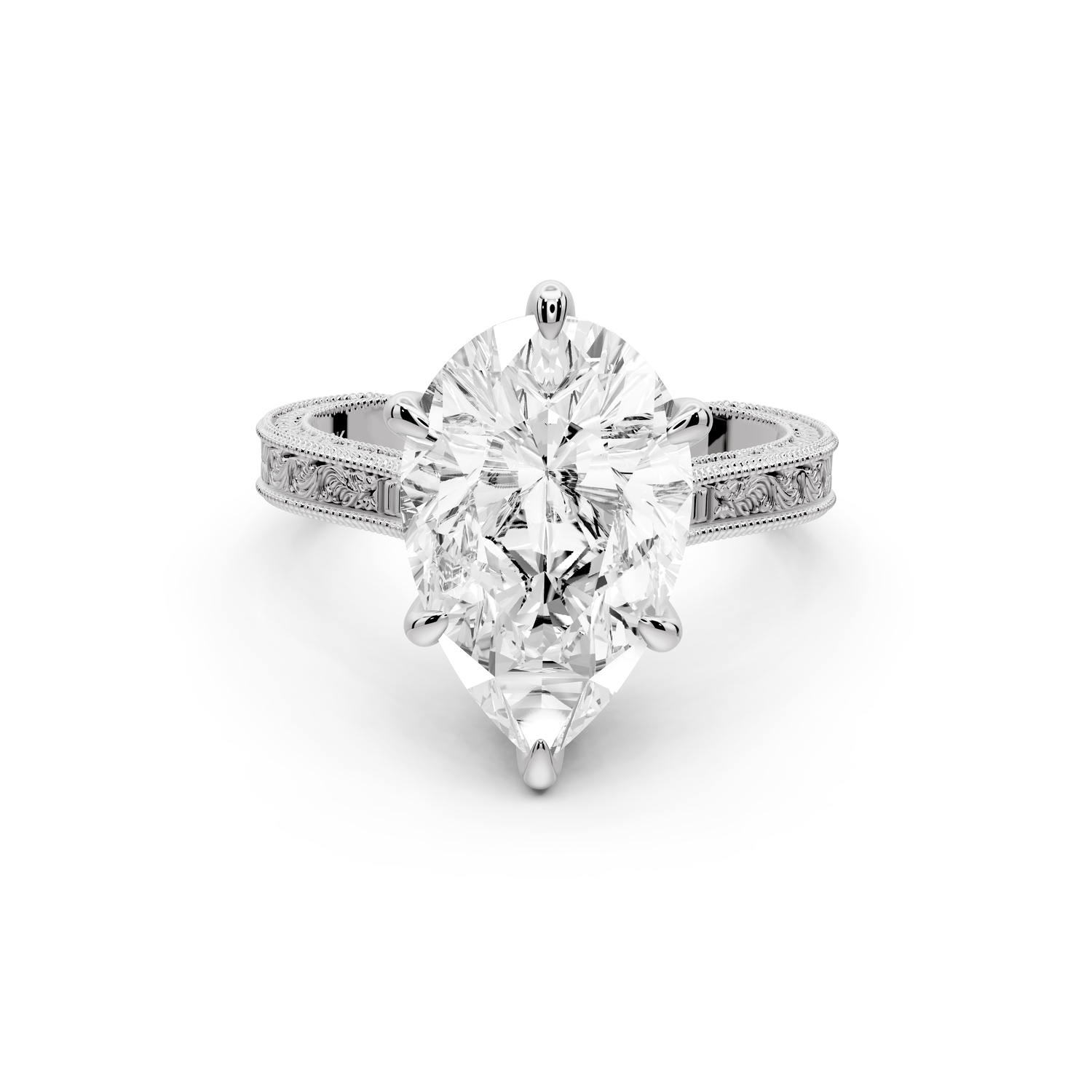Daniel - 4ct platinum Pear Vintage-Inspired Solitaire Engagement Ring with Hand-Engraved Milgrain Band
