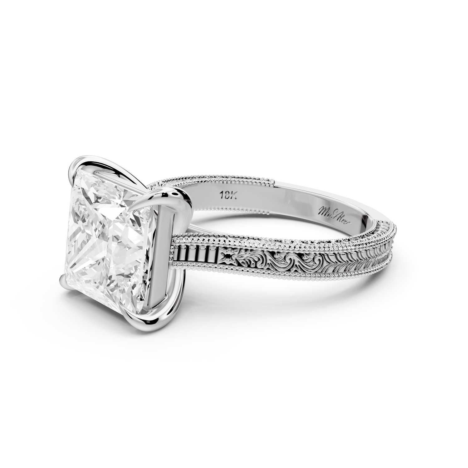 Daniel - 4ct platinum Princess Vintage-Inspired Solitaire Engagement Ring with Hand-Engraved Milgrain Band