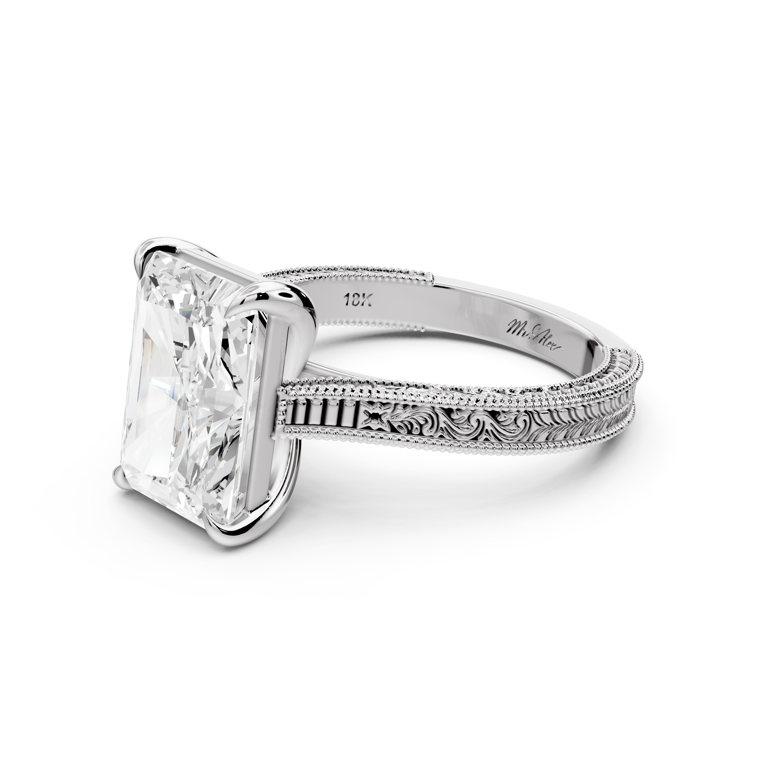 Daniel - 4ct platinum Radiant Vintage-Inspired Solitaire Engagement Ring with Hand-Engraved Milgrain Band