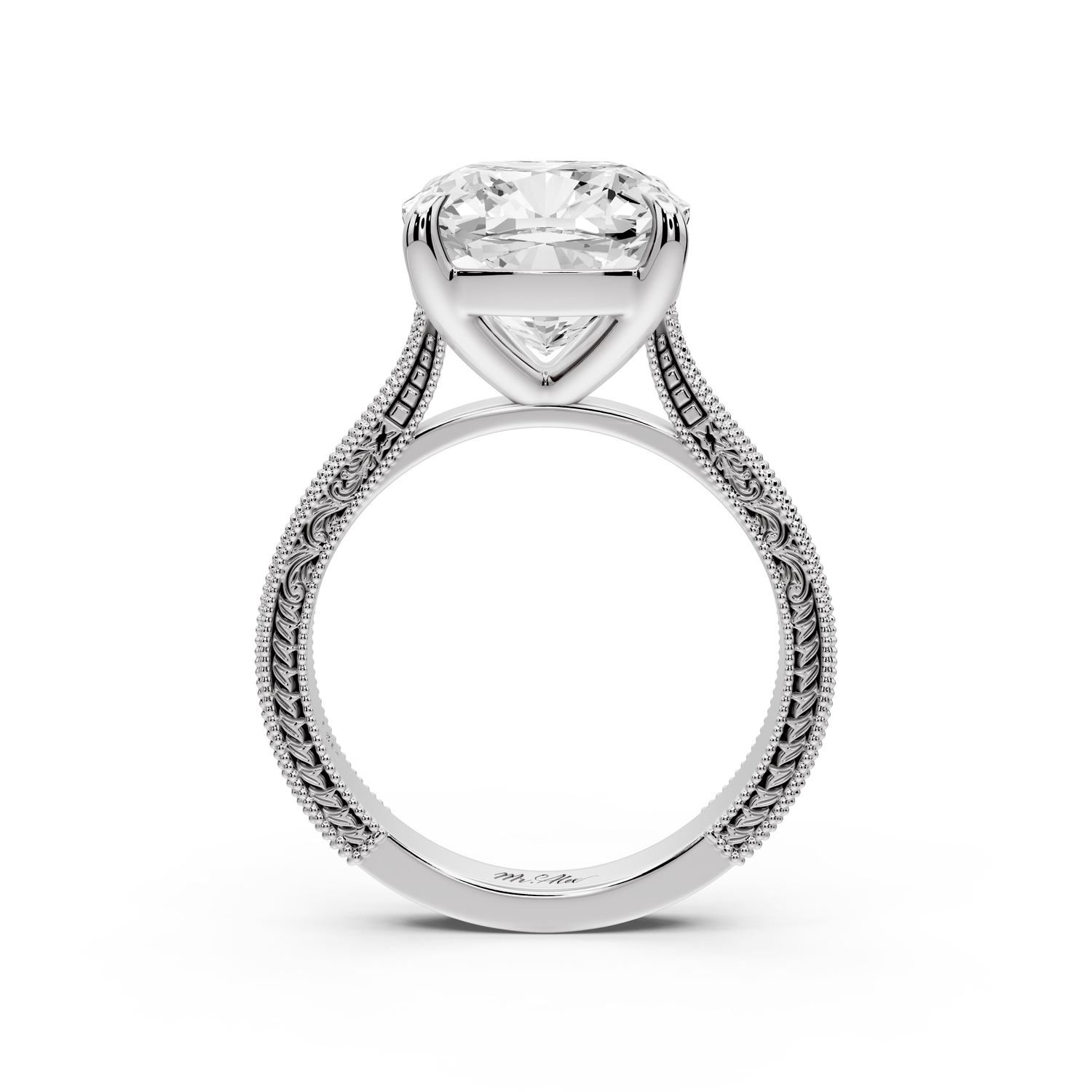 Daniel - 5ct platinum Cushion Vintage-Inspired Solitaire Engagement Ring with Hand-Engraved Milgrain Band