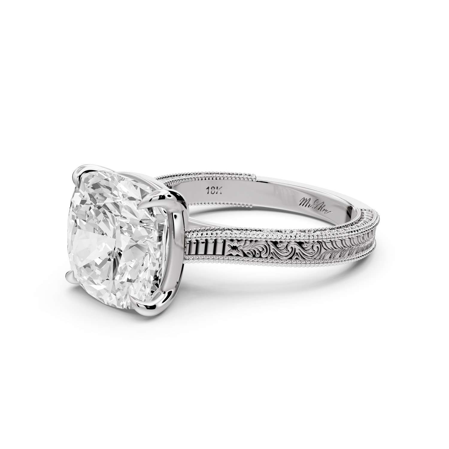 Daniel - 5ct platinum Cushion Vintage-Inspired Solitaire Engagement Ring with Hand-Engraved Milgrain Band